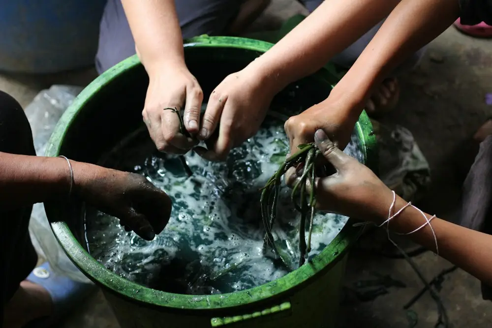 Kain diremas di dalam ember pewarna
